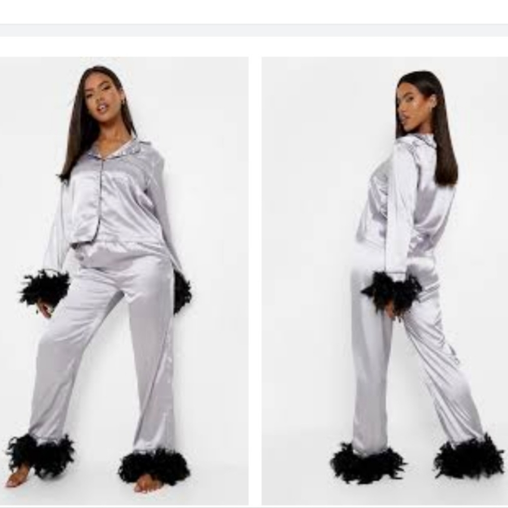 Satin Feather Trim Pajamas